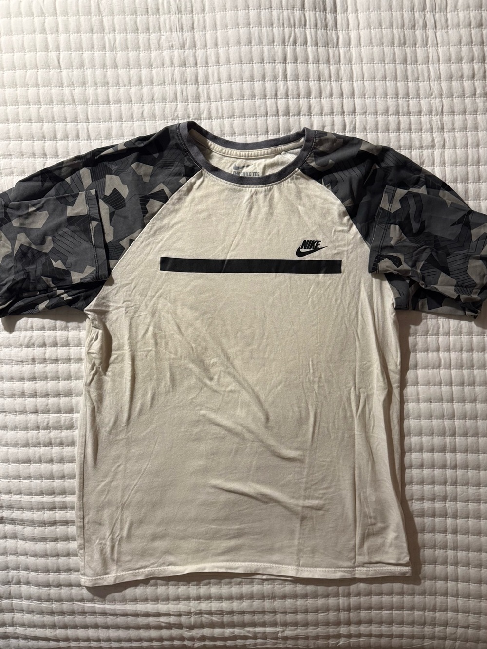 Nike Men’s White Tee with Gray Camo Raglan Sleeves